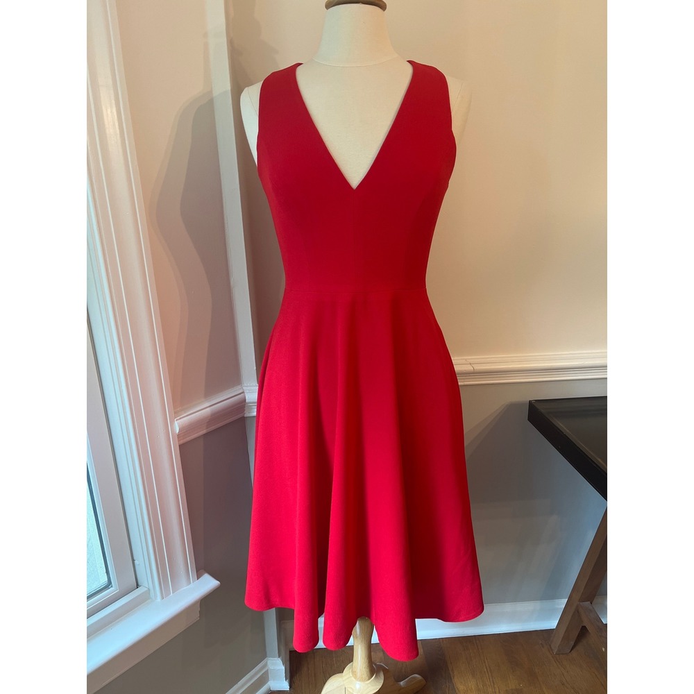 Dress the Population Red Fit & Flare Midi Dress Vneck Size Medium